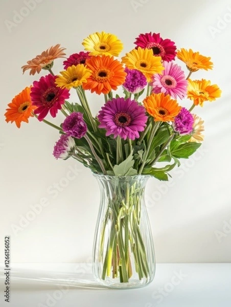 Fototapeta Colorful bouquet of gerbera daisies arranged in a clear glass vase on a light background. Generative AI