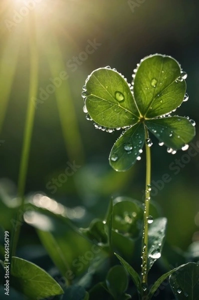Fototapeta A close-up of a clover leaf adorned with raindrops, illuminated by sunlight.