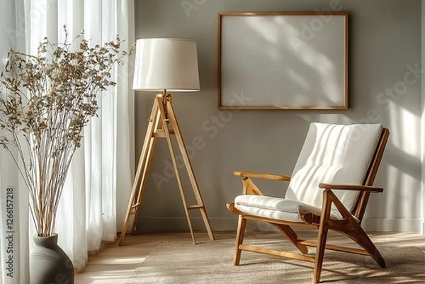 Fototapeta Modern minimalist interiors in the living room with walls and armchairs that hang art frames. Generative AI
