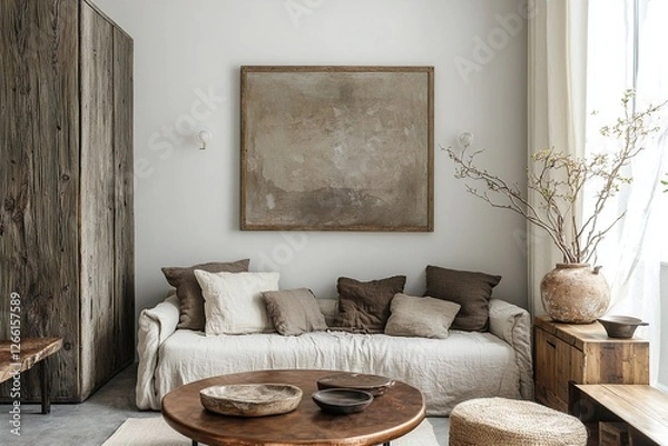 Fototapeta Minimalist, contemporary Scandinavian interior design of the living room with wall and sofa hanging with art frames. Generative AI
