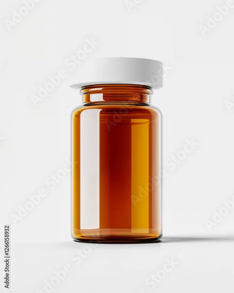 Obraz Clear glass bottle containing amber liquid with a white screw-on lid displayed on a light background while casting a subtle shadow