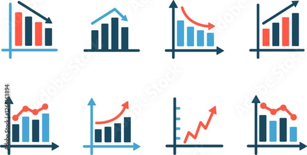 Obraz Bar chart icons.Growing chart with arrow.Business graph  icons.Statistic charts diagrams with down or up arrows. Vertical bar chart with different heights.Data analytics vector icons.