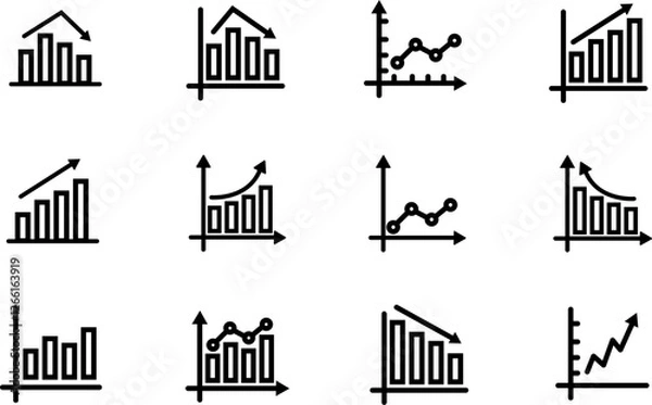 Fototapeta Bar chart icons.Growing chart with arrow.Business graph  icons.Statistic charts diagrams with down or up arrows. Vertical bar chart with different heights.Data analytics vector icons.