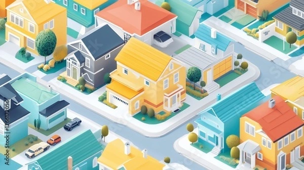 Obraz Colorful and Minimalist Isometric Neighborhood Illustration for Real Estate