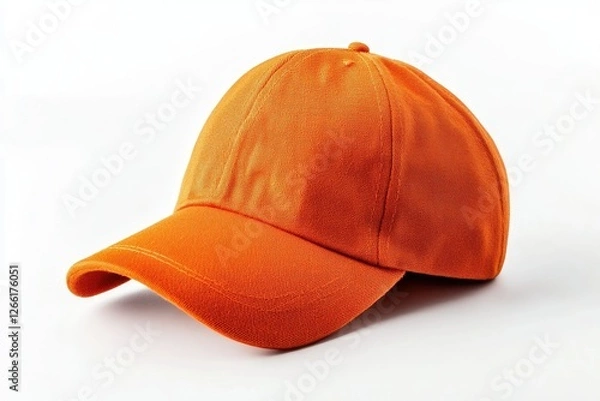Obraz A vibrant orange baseball cap rests on a white background