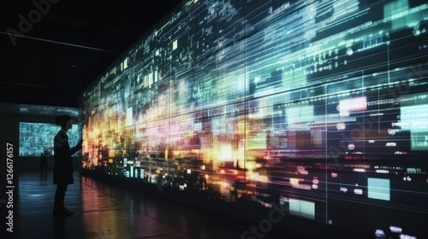 Fototapeta A person interacts with a vibrant digital display showcasing data visualization.
