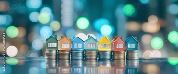 Fototapeta Colorful miniature houses placed on stacks of coins with blurred urban lights in the background during nighttime