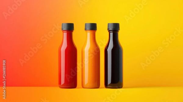 Fototapeta Brightly colored sauce bottles in red, orange, and black against warm gradient background evoke sense of flavor and excitement