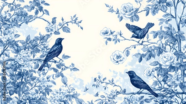 Fototapeta Intricate Toile de Jouy Blue Garden Scene with Roses and Vines