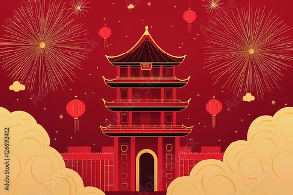 Fototapeta Chinese pagoda with fireworks and lanterns on red background