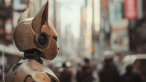 Fototapeta Close up profile view of a golden robotic cat standing in a blurred city background, showcasing detailed metallic texture and soft lighting, suggesting a futuristic or cyberpunk setting