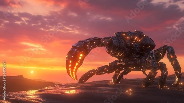 Fototapeta Massive mechanical crab silhouette against a vibrant sunset landscape, detailed with glowing orange accents and pixelated texture, standing on dark ground near a reflective water surface, warm toned