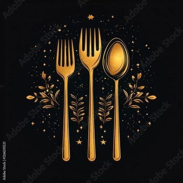 Obraz Golden cutlery, floral design, dark background, elegant dining