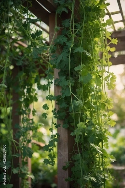 Fototapeta Lush green vines cascading from a wooden structure, creating a serene natural atmosphere.