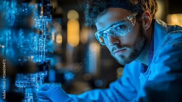 Fototapeta Scientist inspecting microchip, lab, night, innovation