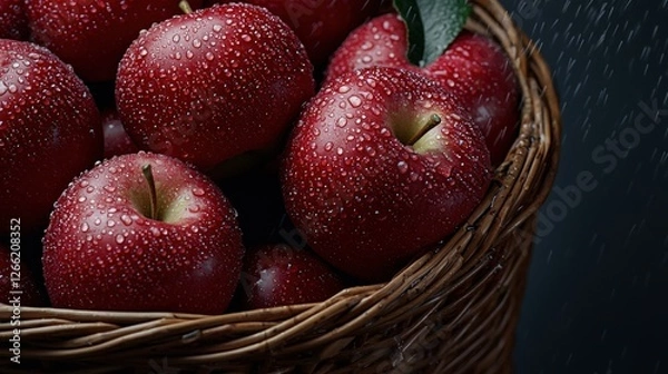 Fototapeta A basket of red apples with raindrops on them