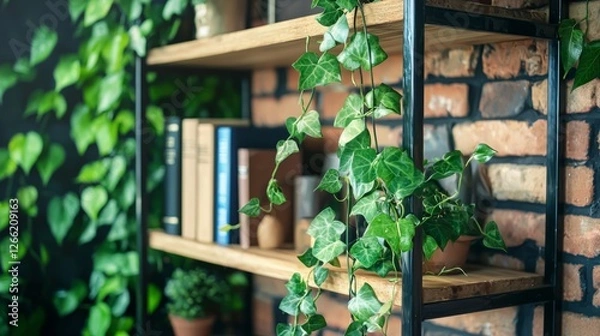 Fototapeta Aesthetic shelf styling with decorative objects, books, and greenery, copy space.