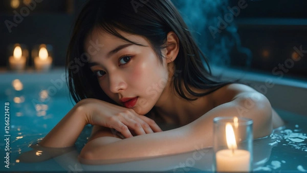 Fototapeta キャンドルの灯りが揺れる夜のバスルームで、蒸気が立ち上る温かな湯に浸かる女性。深みのあるブルーの照明が肌を美しく引き立て、リラックスした雰囲気が漂う。ガラスのキャンドルホルダーが幻想的な輝きを放ち、静寂の中に落ち着きと神秘的な魅力が広がる。