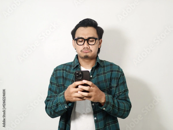 Obraz Adult Asian man looking to his mobile phone with disappointed expression isolated on white background