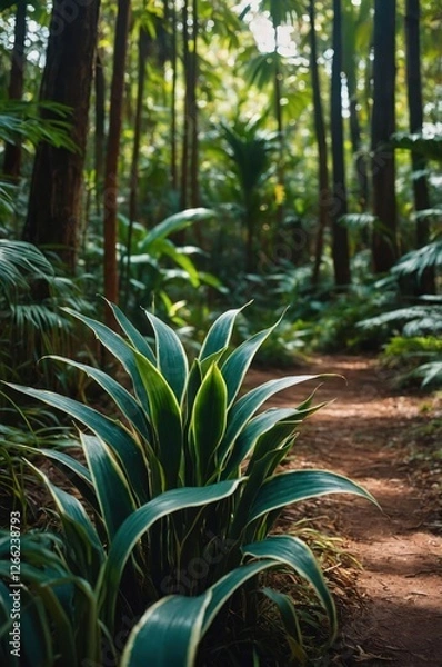Obraz A lush forest path surrounded by vibrant green plants and trees.