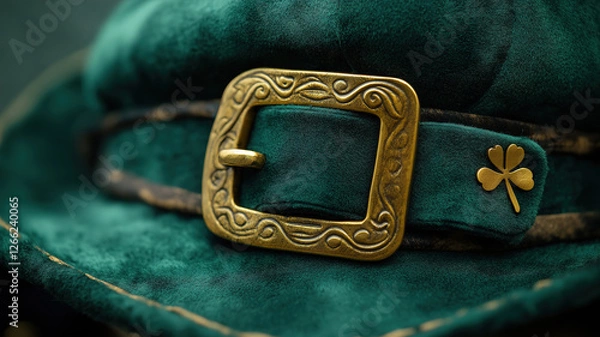 Obraz Vibrant green velvet leprechaun hat with gold buckle and clover perfect for celebration