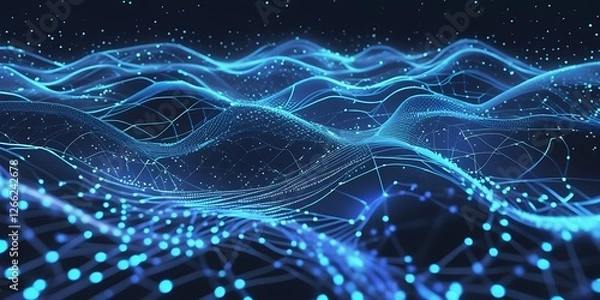 Fototapeta A futuristic 3D digital wave composed of glowing blue interconnected nodes and lines, symbolizing artificial intelligence, big data, quantum computing, and advanced network technology.

