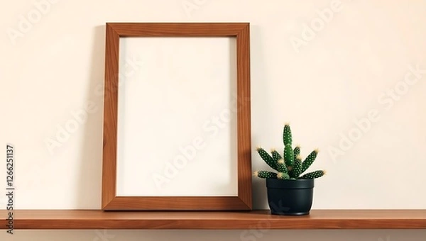 Fototapeta Rustic Wooden Frame on Shelf with Cactus – Cozy Minimalist Decor