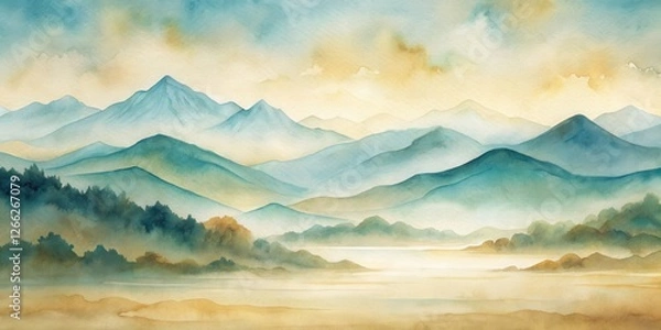 Fototapeta Serene Watercolor Landscape of Misty Mountains and Tranquil Valley at Dawn