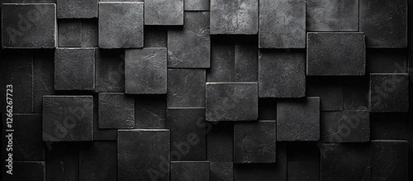 Fototapeta Textured black stone wall featuring varying sized rectangular blocks in a modern design
