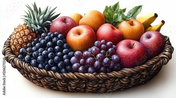 Fototapeta A vibrant fruit basket filled with apples, bananas, grapes, and pineapple on a clean surface