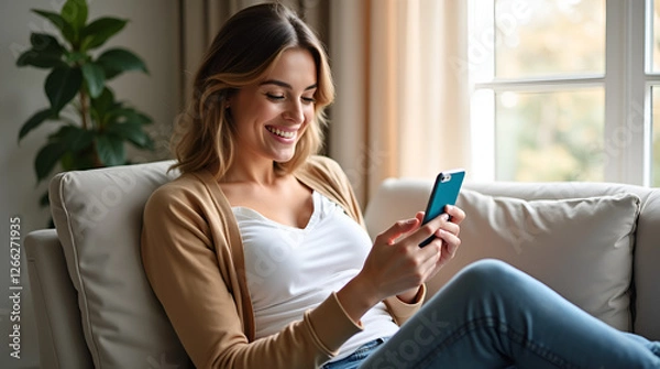 Fototapeta Cropped shot young woman using smart phone at home woman using smartphone at home, messaging or browsing social networks while relaxing on couch.generative ai