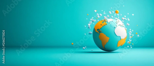 Fototapeta A colorful globe with splashes of yellow and orange against a turquoise background, symbolizing global connectivity and creativity.
