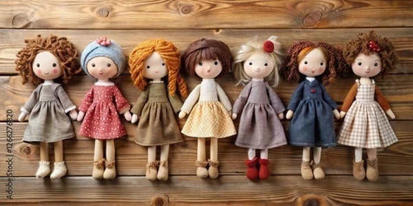 Fototapeta A Row of Handmade Fabric Dolls in Charming Outfits on Rustic Wood