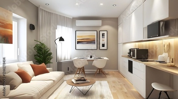 Fototapeta Modern living room with cozy sofa, stylish decor, and workspace, showcasing natural light and greenery