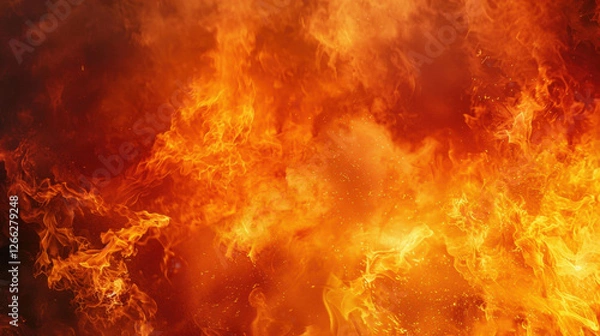 Fototapeta Intense flames engulfing scene, creating dramatic and fiery backdrop with vibrant orange and yellow hues, evoking sense of heat and energy