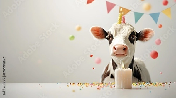Obraz Cheerful and cute cow with a birthday banner softly puffing at a lit candle on a festive colorful background  This whimsical