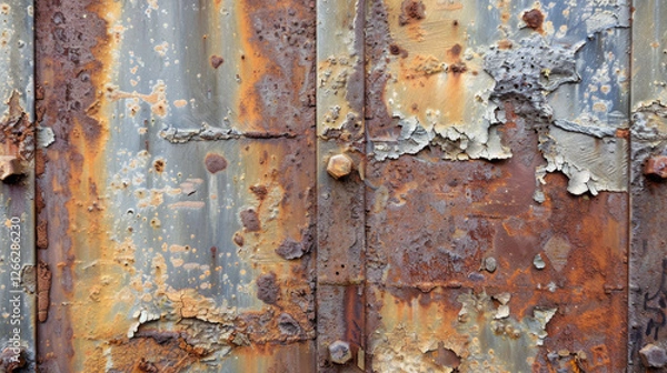 Fototapeta Rusty metal surface with peeling paint and corrosion, showcasing textures and colors of decay. image evokes sense of age and weathering