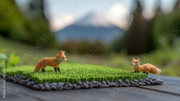 Fototapeta Two miniature foxes on green lawn with detailed diorama of mount fuji in the background