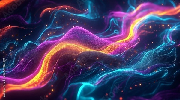 Fototapeta Abstract Wavy Background with Glowing Particles in Shades of Blue Orange and Pink