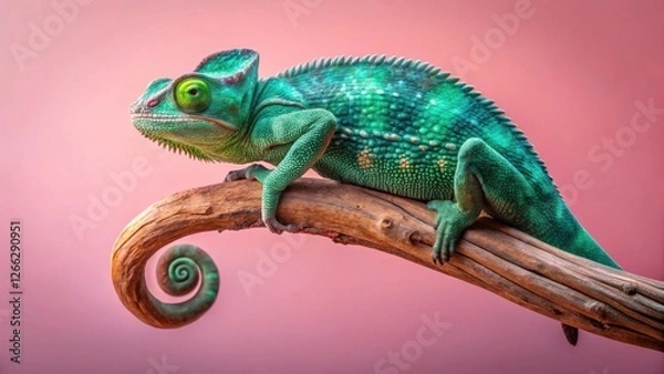 Fototapeta A vibrant green chameleon gracefully perched on a curved branch against a soft pink backdrop, showcasing its intricate scales and striking eyes