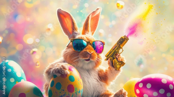 Fototapeta Stylish Cool Easter bunny sitting on colorful egg, wearing sunglasses while holding a golden water gun and spraying colorful paints in the air in Vibrant bright colored background for fun party vibe