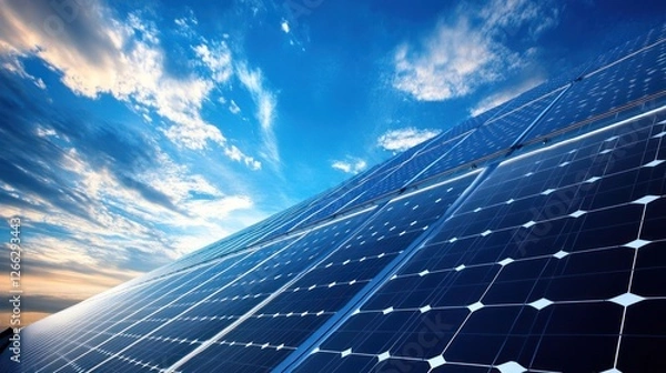 Fototapeta Renewable energy source, solar panels array under a vibrant blue sky