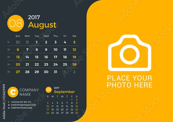 Fototapeta Calendar Template for 2017 Year. Vector Print Template with Place for Photo and Company Information on Dark Background. August 2017. Week Starts Sunday. 3 Months on Page