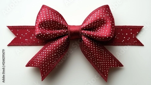 Fototapeta Elegant red bow with white polka dots on a smooth white background, ideal for gift wrapping