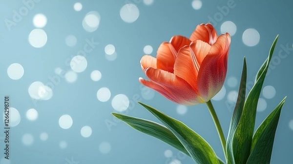 Fototapeta Vibrant orange tulip with green leaves against a soft blue background with bokeh effects