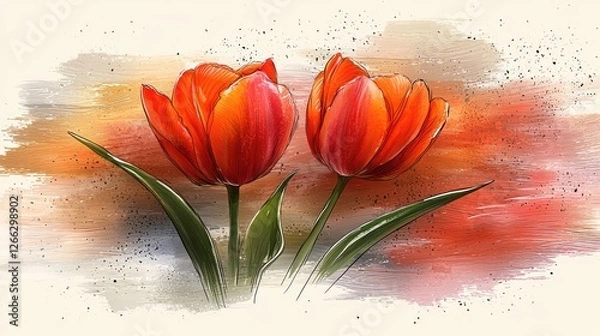 Fototapeta Vibrant red tulips blooming against a colorful abstract background, symbolizing beauty and nature