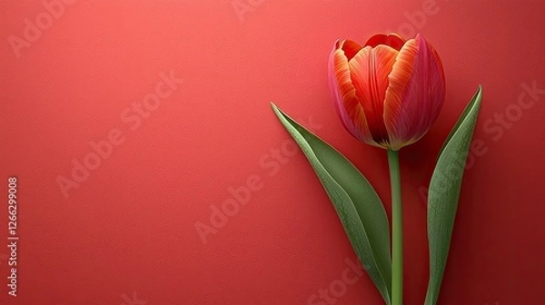 Fototapeta Vibrant red tulip with green leaves against a solid red background, ideal for floral themes