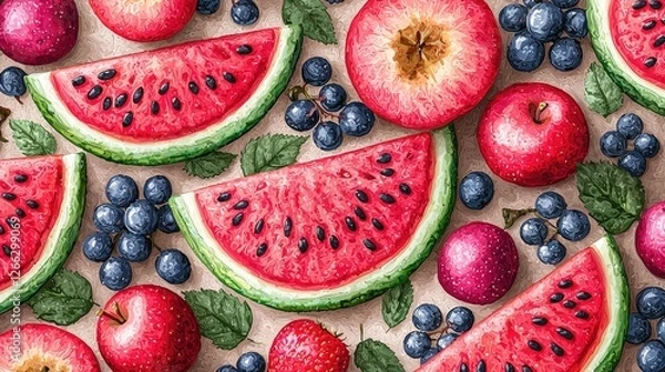 Fototapeta Vibrant assortment of fresh fruits including watermelon, apples, and blueberries on a textured background