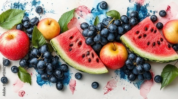 Fototapeta Fresh assortment of colorful fruits including apples, watermelon, and blueberries on a vibrant background