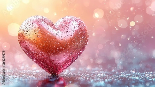 Fototapeta A sparkling pink heart-shaped object glistens on a reflective surface with a dreamy bokeh background